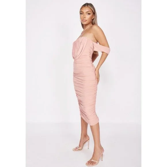 Pink Short Sleeve Off Shoulder Ruched Bodycon Midi Dress - Picture 8 of 14